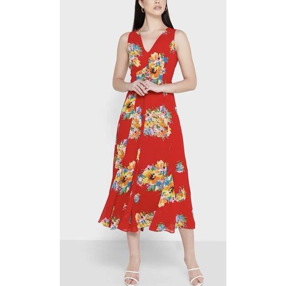 Lauren Ralph Lauren Red Floral Print Flowy Midi-Maxi Dress Size 8 - Picture 1 of 6